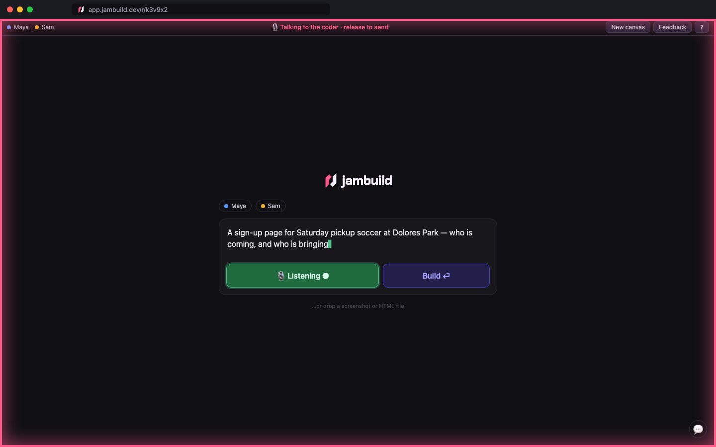 Maya describes a sign-up page out loud. Her words appear in the prompt box and the window is outlined in pink while she is heard.